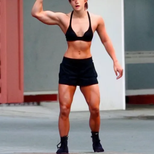 Image similar to emma watson, extremely muscular, cinematic, bodybuilder