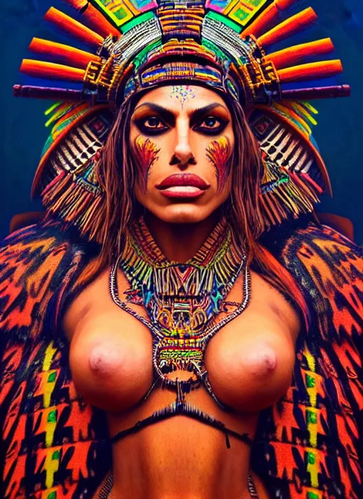 Image similar to portrait of eva mendes, hyper detailed ultra sharp aztec shaman warrior. trending on artstation, warpaint aesthetic, bloodwave, colorful, psychedelic, ornate, intricate, digital painting, concept art, smooth, sharp focus, illustration, art by artgerm and greg rutkowski and h. r. giger, 8 k