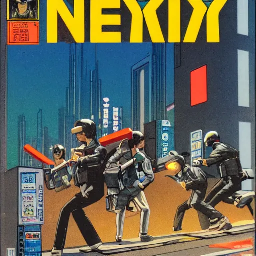 Image similar to 1979 OMNI Magazine, Anime Neo-tokyo bank robbers fleeing the police with bags of money, Highly Detailed, 8k :4 by Vincent Di Fate : 8