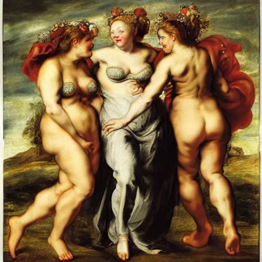 Prompt: fiona from shrek as the three graces by peter paul rubens