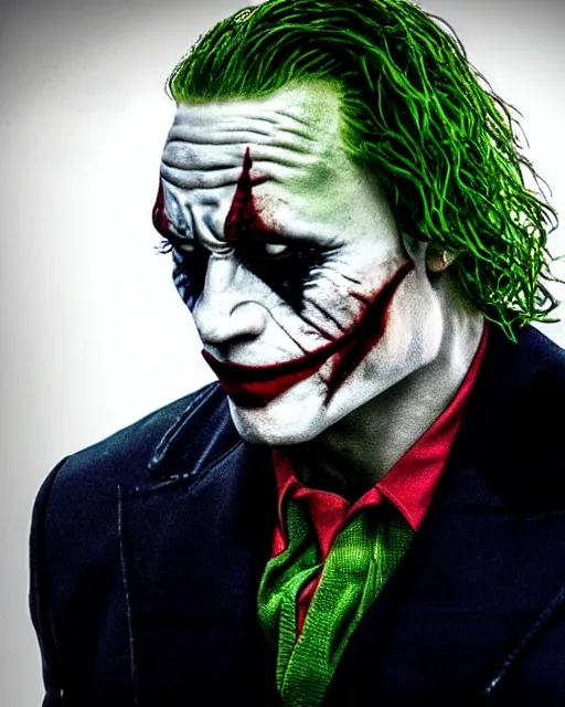 Image similar to Film still close-up shot of Dwayne Johnson as The Joker from the movie The Dark Knight. Photographic, photography