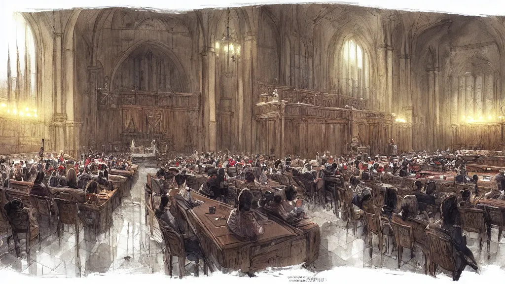 Image similar to parliament session inside of parliament, papyrus, watercolored, jakub rozalski, dishonored, artstation