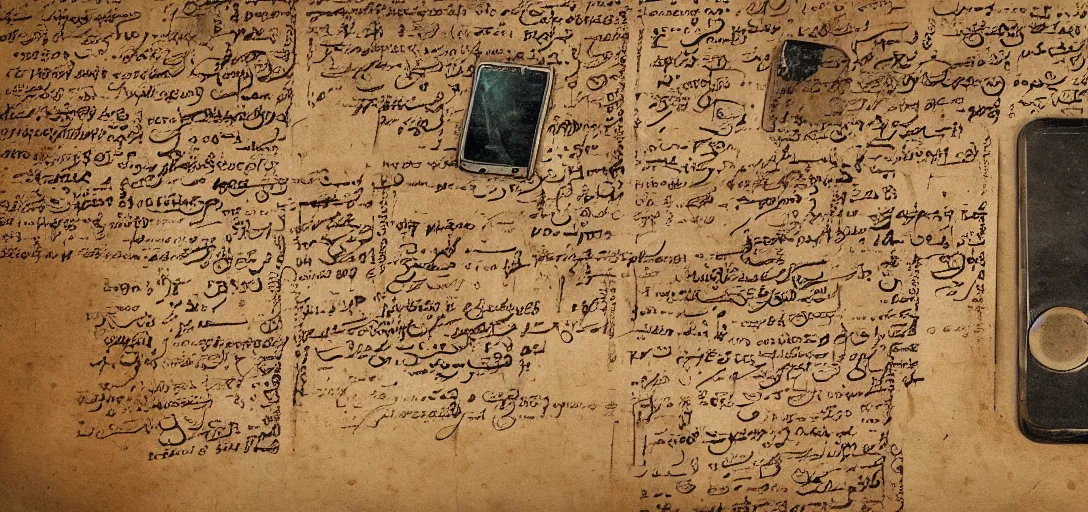 Prompt: ancient manuscript depicting modern technology, ancient manuscript with pc, smartphone, laptop, ancient scroll, modern technology, 4 k high resolution