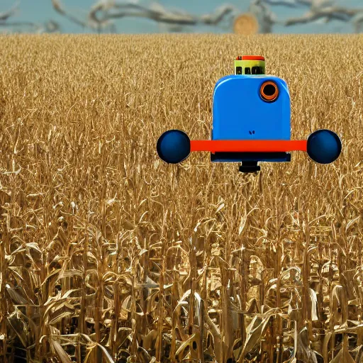 Prompt: a photo of farming robot wearing a straw hat blue overalls in the corn field, robots, humanoid, chappie, farming, photorealistic, 8 k