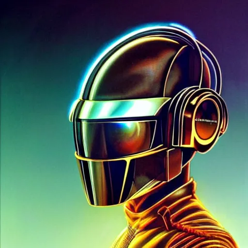 Image similar to portrait of daft punk mixing music, muscular, headphones, neon, fantasy, intricate, elegant, highly detailed, digital painting, artstation, concept art, smooth, sharp focus, illustration, art by artgerm and greg rutkowski and alphonse mucha