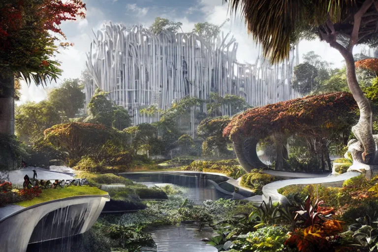 Prompt: brutalist futuristic white Aztec structures, manicured garden of eden, pools and streams, tropical foliage, birds, sculpture gardens, Autumn, by Jessica Rossier and Brian Froud