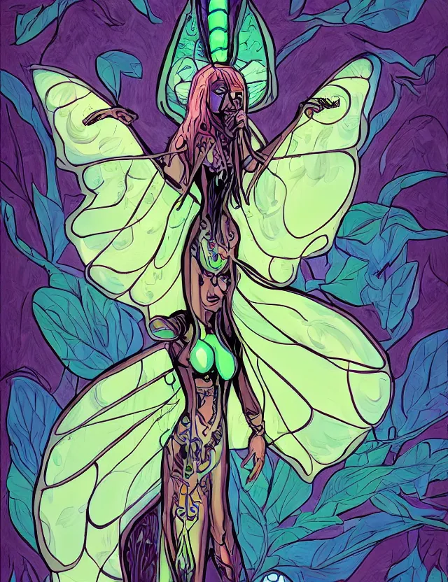 Image similar to luna moth sorceress. this heavily stylized digital painting by the award - winning comic artist has interesting color contrasts, plenty of details and impeccable lighting.