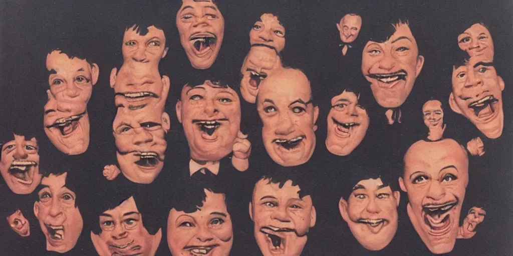 Image similar to midget band with faces on their chest, 1980s surrealism aesthetic, detailed facial expressions