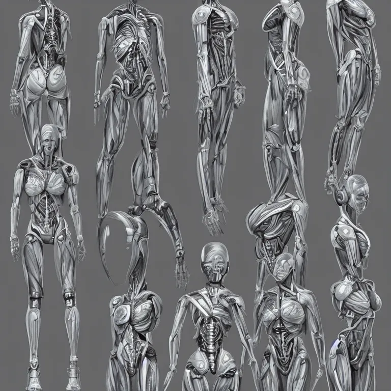 Prompt: symmetry!! human anatomy with cybernetic implants, gun metal grey, mecha, three - perspective / three - view reference sheet ( front / back / side ), muscles reference art, bionic, digital art, in the style of amanda lilleston, luka mivsek, bryan christie, artstation, pinterest, deviantart, photoshop, unreal engine