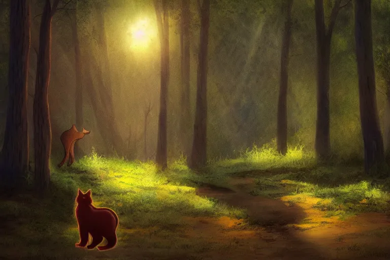 Image similar to a forest with a cat, trending on artstation, by wayne mcloughlin, backlighting