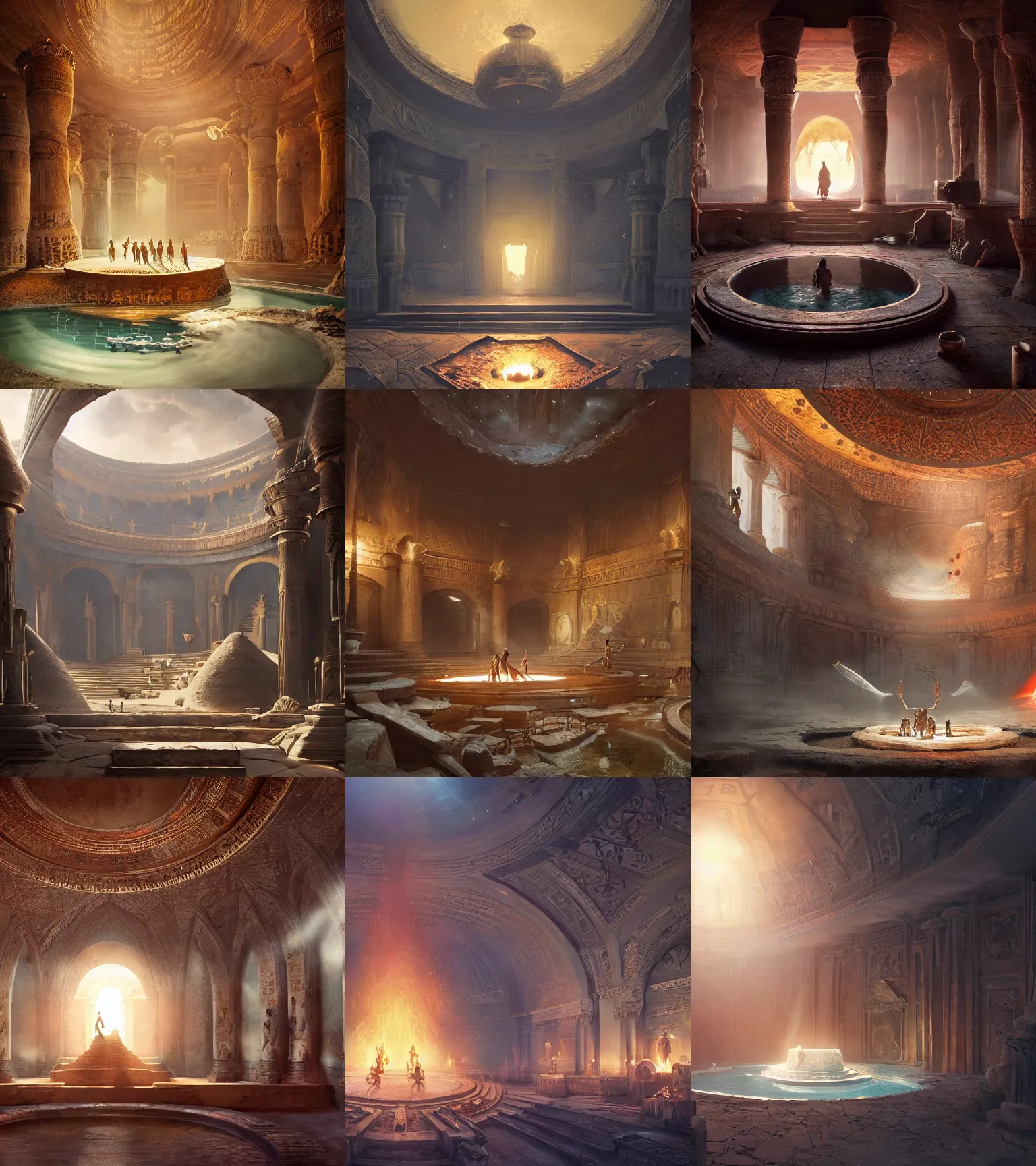 Prompt: fantasy movie scene greg rutkowski detailed digital painting of an ornate and royal egyptian antechamber tomb, a circular pool with an erupting galaxy inside, sharp sunbeam lighting, unreal engine, hyper realism, realistic shading, cinematic composition, blender render, octane render, hdr, detailed textures, photorealistic, ultrawide shot, 3 5 mm film