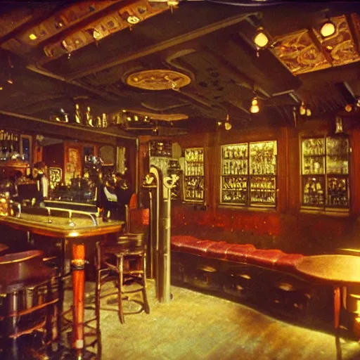 Prompt: Interior shot of a steampunk pub by stanley kubrick, shot by 35mm film color photography