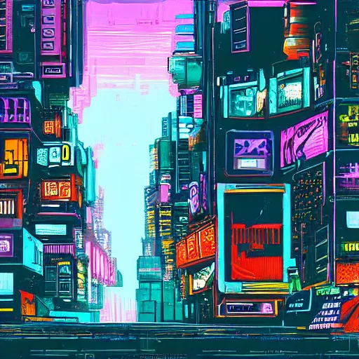 Prompt: A painting of a cyberpunk city in the style of Bob Ross