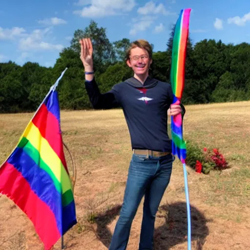 Prompt: rob jetten riding a rocket into space, holding a rainbow flag