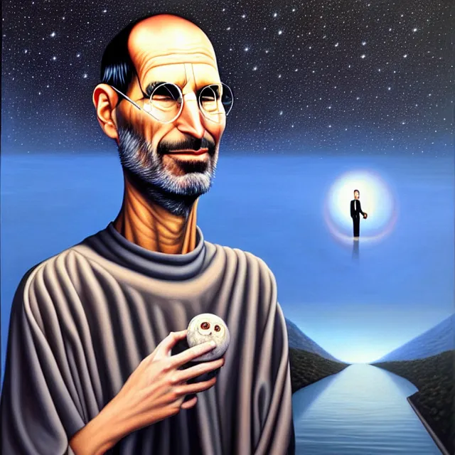 Image similar to an oil on canvas portrait painting of steve jobs in a surreal environment, surrealism, surrealist, cosmic horror, rob gonsalves, high detail