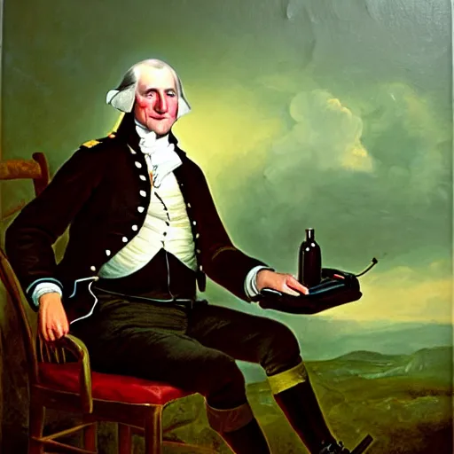 Image similar to george washinton playing call of duty and drinking mountain dew while screaming, oil painting