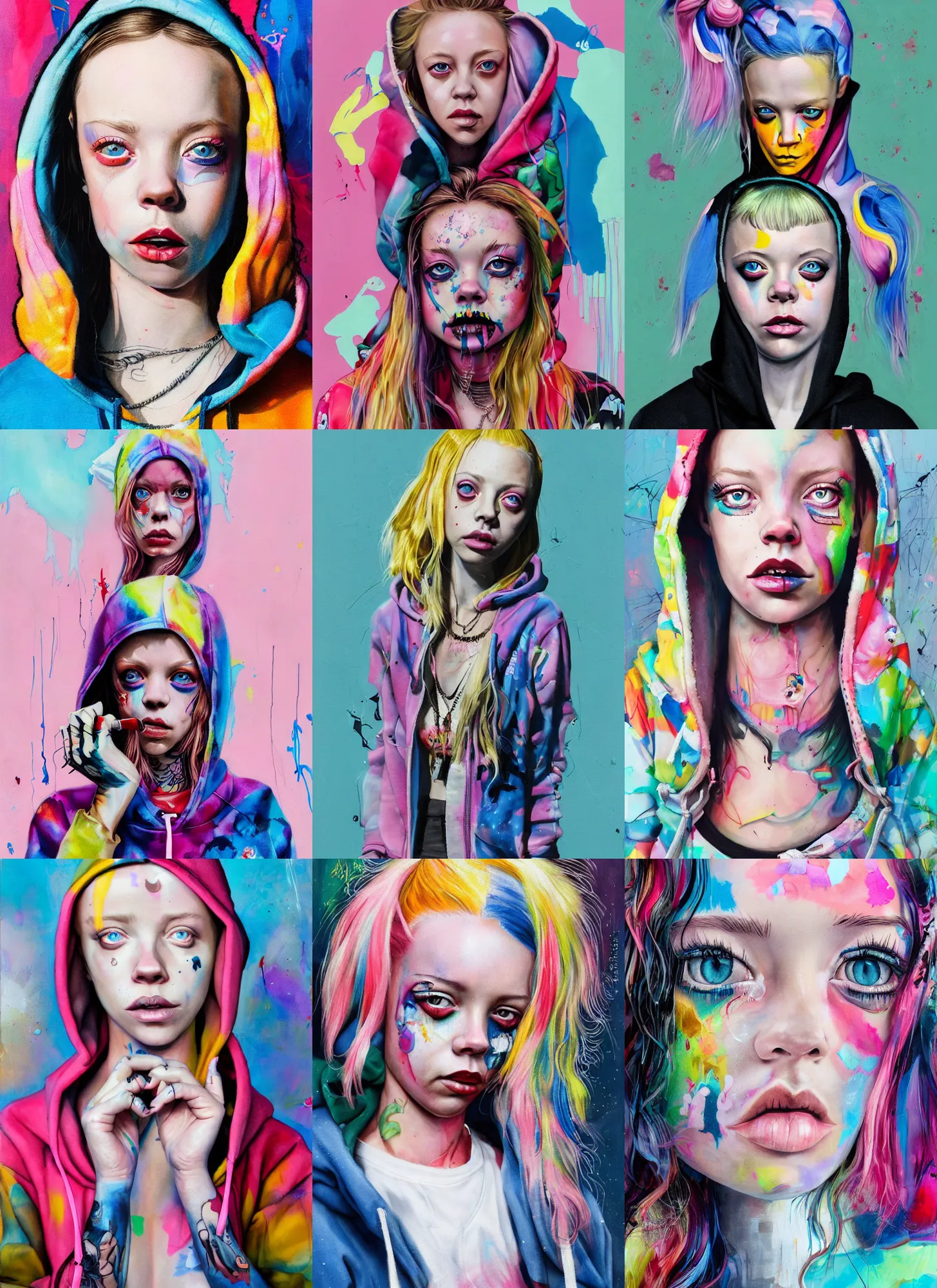 Prompt: sydney sweeney from die antwoord in the style of martine johanna and david choe, wearing a hoodie, standing in a township street, street fashion outfit,!! haute couture!!, full figure painting by martine johanna, artgerm, ismail inceoglu, pastel color palette, sharp focus, detailed, intricate, elegant, 2 4 mm lens