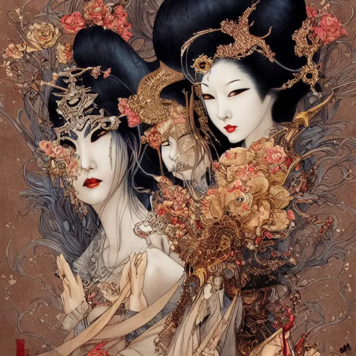 Image similar to asian geisha watercolor painting by, daniel merriam, ayami kojima, peter mohrbacher, intricate detail, artstation, artgerm, in the style of darkness fantasy, rococo, gold leaf art, rime lighting