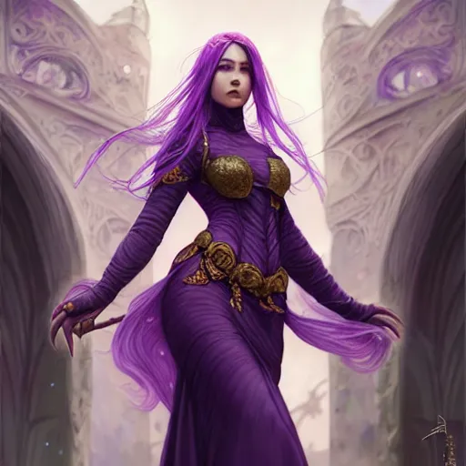 Image similar to purple haired mage, full body portrait, gentle, cloth, female, city landscape, d & d, fantasy, intricate, elegant, highly detailed, digital painting, purple and gold color palette, artstation, octane render, concept art, matte, sharp focus, illustration, herrarthstone, art by artgerm and greg rutkowski and alphonse mucha