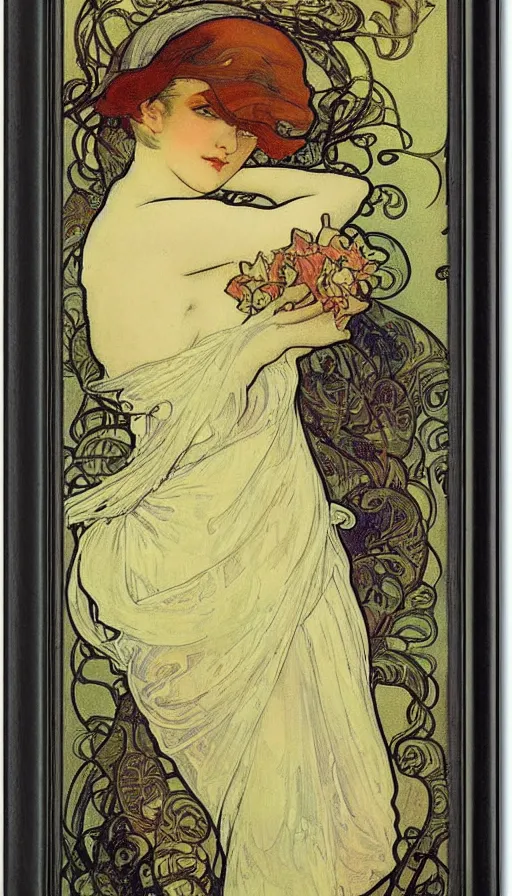 Prompt: beautiful girl,art nouveau,Alfons Mucha