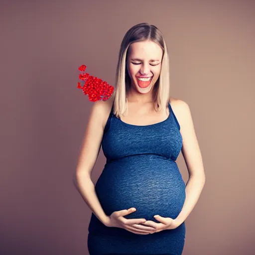 Prompt: pregnant woman eating lacorice and being happy