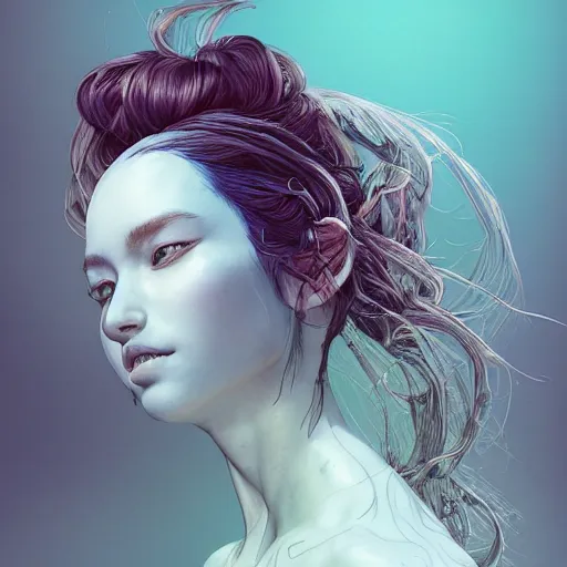 Image similar to the portrait of a blueberry that resembles an absurdly beautiful, graceful, elegant, sophisticated girl, an ultrafine hyperdetailed illustration by kim jung gi, irakli nadar, intricate linework, bright colors, octopath traveler, final fantasy, unreal engine 5 highly rendered, global illumination, radiant light, detailed and intricate environment