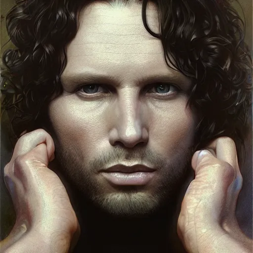 Image similar to portrait painting of jim morrison, ultra realistic, concept art, intricate details, eerie, highly detailed, photorealistic, octane render, 8 k, unreal engine. art by artgerm and greg rutkowski and alphonse mucha