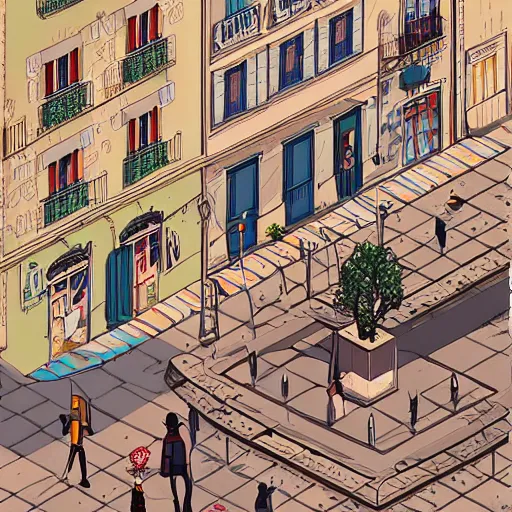 Image similar to dream isometric view illustration of a medieval Marseille street corner, highly detailed, mid day by Victo Ngai and James Gilleard