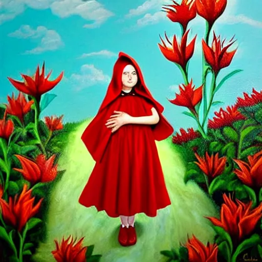 Image similar to oil painting of little red riding hood looking up at gigantic datura strammonium flower