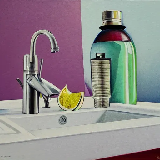 Prompt: a painting of a faucet and soap dispenser, an airbrush painting by janet fish and ( ( ( howard arkley ) ) ), trending on artstation, photorealism, hyper realism, oil on canvas, detailed painting