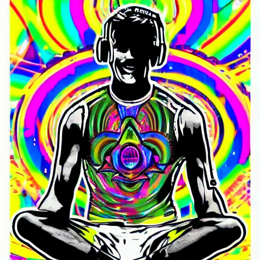 Image similar to svg sticker of a Dancing-Alex-Grey-Psychedelic-Rave-Man, at a rave, spinning records, giant headphones rocking out, wearing headphones, huge speakers, dancing, rave, DJ, spinning records, digital art, amazing composition, rule-of-thirds, award-winning, trending on artstation, featured on deviantart