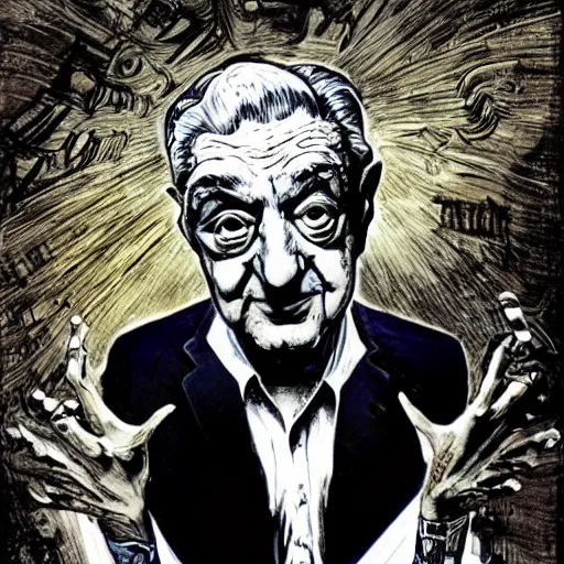 Image similar to George Soros by Ralph Steadman, illustration, body horror, biopunk