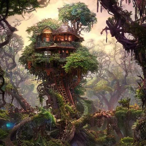 Prompt: an elaborate treehouse overgrown by bioluminescent plants, an ultrafine hyperdetailed illustration by kim jung gi, irakli nadar, intricate linework, bright colors, octopath traveler, final fantasy, unreal engine 5 highly rendered, global illumination, radiant light, detailed and intricate environment