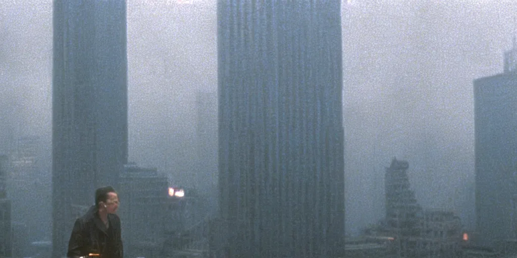 Image similar to beautiful cinematic film still of steve buscemi smoking a cigarette on a building top overlooking the rainy city in blade runner, 4 k