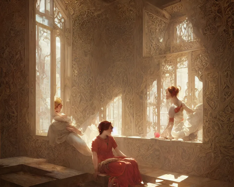 Image similar to long shot of bright cube with girl sitting in a corner, intricate, elegant, highly detailed, 1 9 2 0's style speakeasy, digital painting, artstation, concept art, smooth, sharp focus, illustration, art by artgerm and greg rutkowski and alphonse mucha and william - adolphe bouguereau