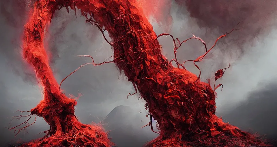 Image similar to a volcano made of ivory vines and crimson rocks enters in eruption, it spits a smoke in the shape of demonic eye, by ryohei hase