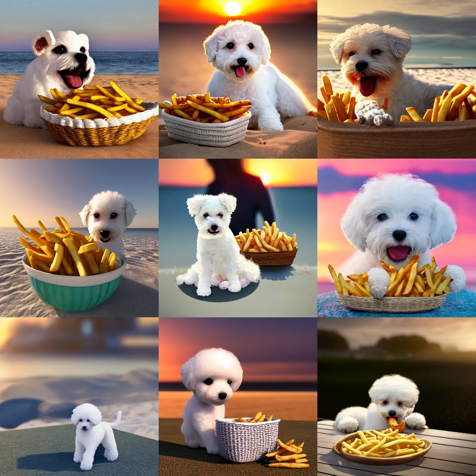 Image similar to a photorealistic photograph of a smiling knitted white bichon puppy eating basket of french fries during sunset at the beach Trending on artstation, featured on Behance, well-rendered, Unreal Engine, 4K HD