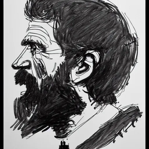 Image similar to a realistic yet scraggly portrait sketch of the side profile of a stern and sophisticated willem dafoe with a beard, trending on artstation, intricate details, in the style of frank auerbach, in the style of sergio aragones, in the style of martin ansin, in the style of david aja, in the style of mattias adolfsson