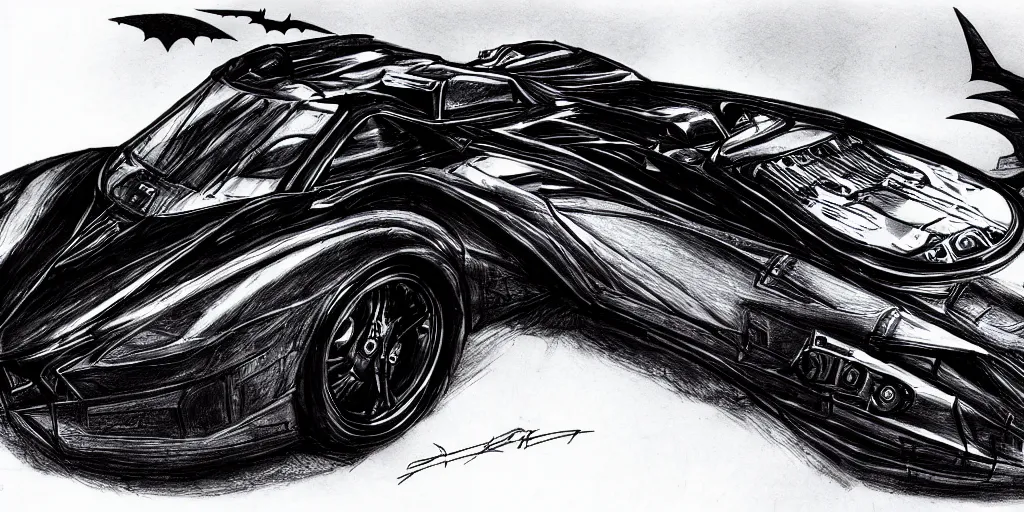 Image similar to ballpoint pen drawing of the batmobile, batman, arkham knight