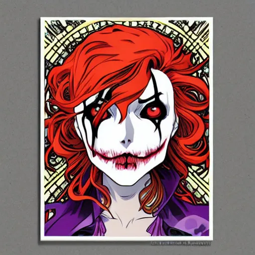 Prompt: anime manga skull portrait marvel young woman joker dc balloons comic skeleton illustration style by Alphonse Mucha pop art nouveau