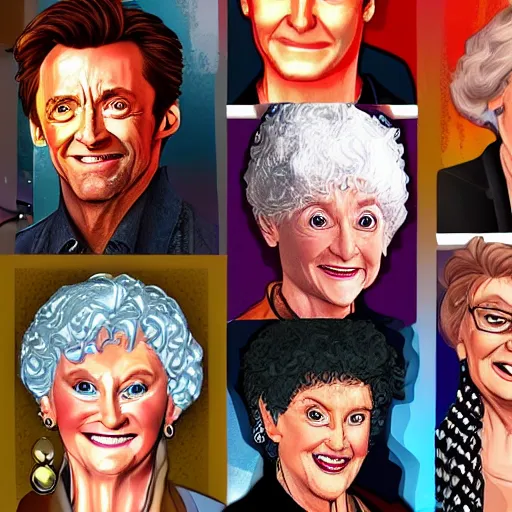 Image similar to Hugh Jackman as every character in the Golden Girls tv show. Digital art, ultra realistic.