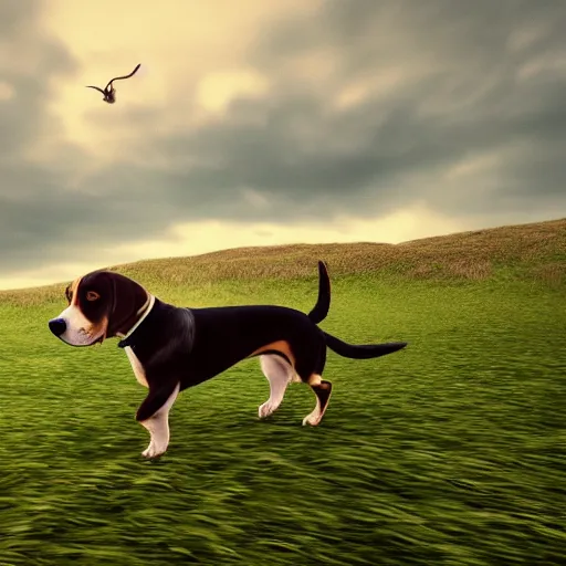 Image similar to landscape beagle running in a field . intricate artwork by art-station. octane render, cinematic, hyper realism, 8k, depth of field.