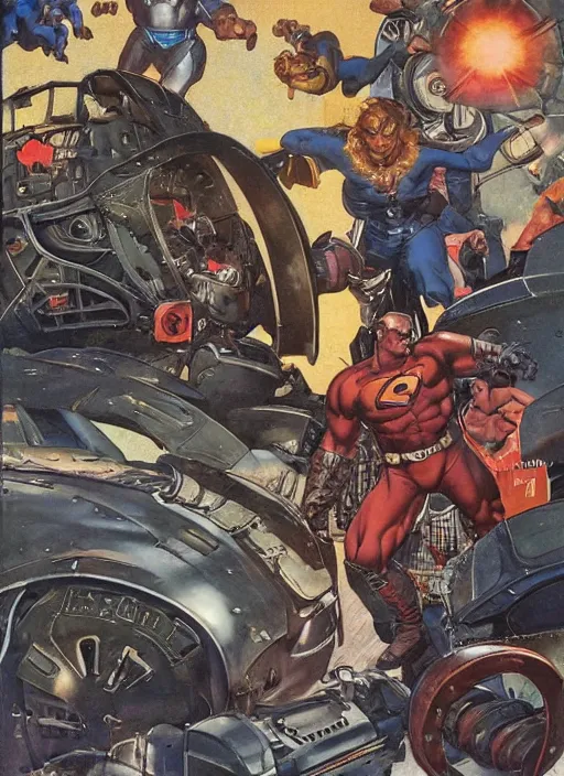 Image similar to huge cyclops in futuristic metal armour smashes up cars in new york street, by norman rockwell and jason fabok and tom lovell and frank schoonover and jack kirby and alex ross