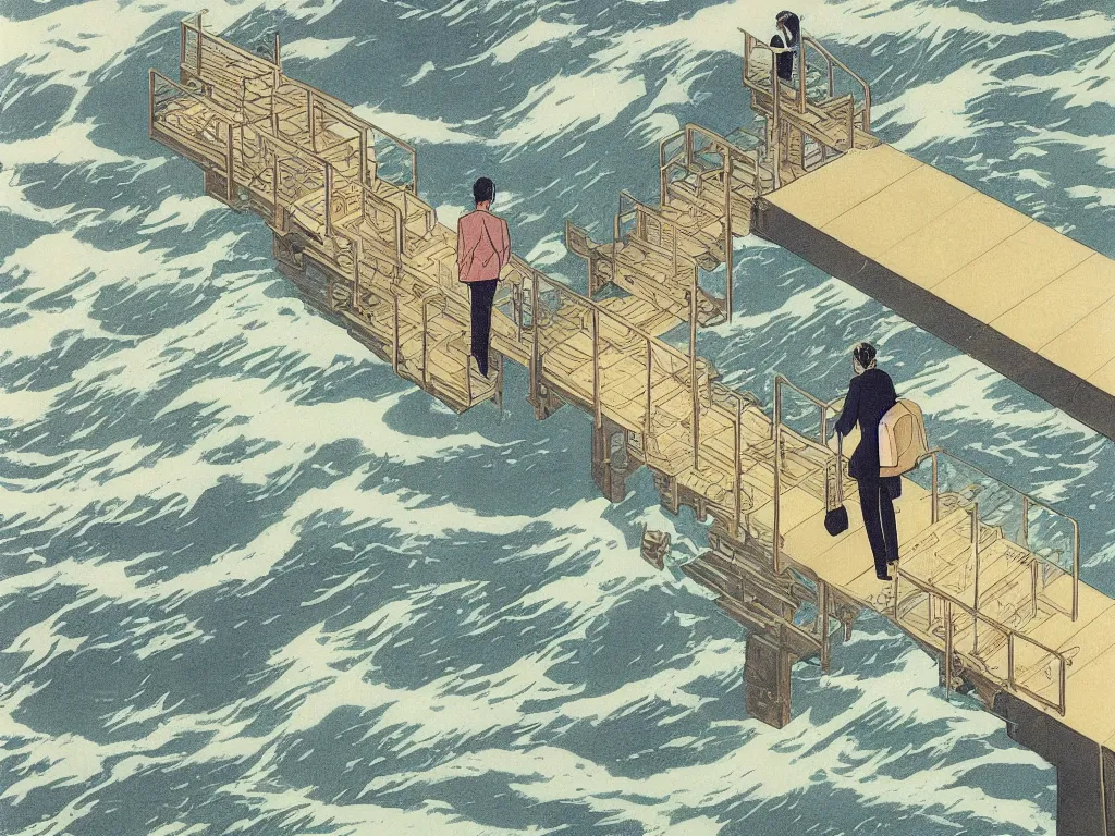 Image similar to lithograph printed in 1976. It depicts a man in a art gallery viewing a print of a seascape. The man's reflection is seen in the print, and the reflection shows the man walking down a staircase. The staircases in the print appear to be infinite, By M. C. Escher, colorized by Hayao Miyazaki