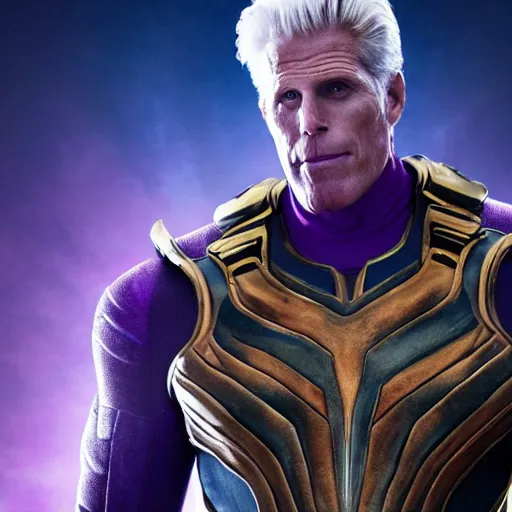 Image similar to ted danson, wearing thanos armour, hd 4k photo, cinematic lighting