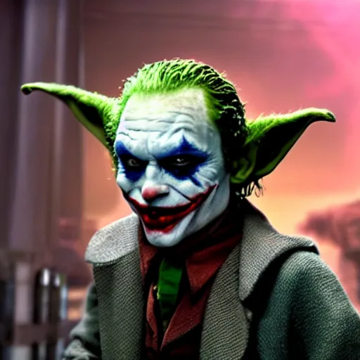 Prompt: stunning awe inspiring the joker played by yoda, movie still 8 k hdr atmospheric lighting