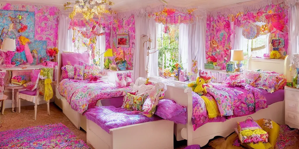 Prompt: a cozy bedroom decorated by Lisa Frank, detailed, high resolution, wow!, intricate