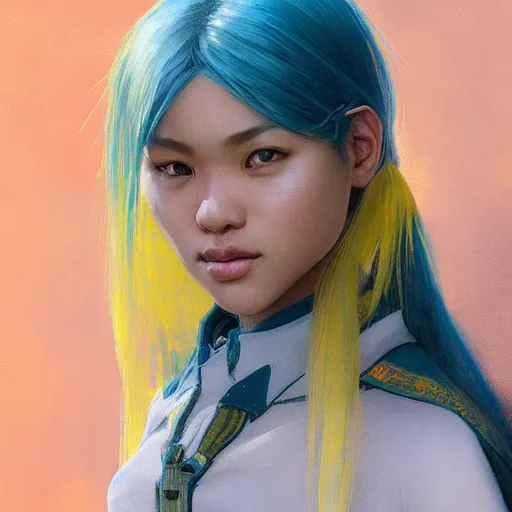 Prompt: filipino girl with blue - yellow hair and a nose band aid, highly detailed, digital painting, artstation, concept art, smooth, sharp focus, illustration, art by artgerm and greg rutkowski and alphonse mucha