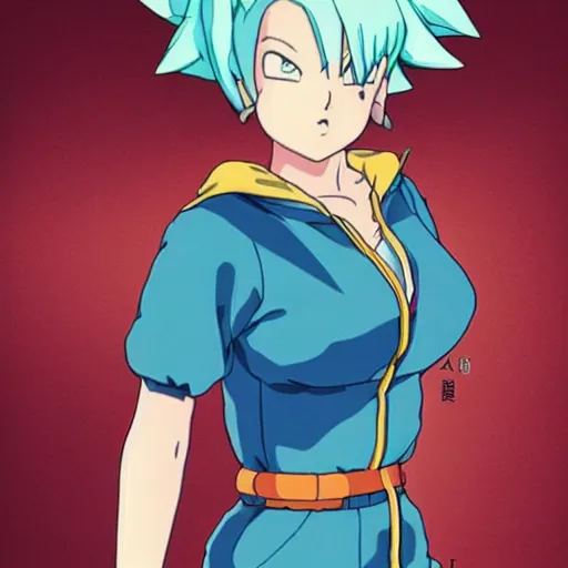 Image similar to a beautiful! boyish! natalie portman bulma from dragonball, alluring gravure! model, wearing hip hop mayan bomber jacket and leotard with native style overalls, bulky poofy bomber jacket with mayan patterns, guilty gear art style, trending on pixiv, painted by makoto shinkai takashi takeuchi studio ghibli, akihiko yoshida