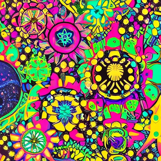 Prompt: Groovival aesthetic, Liminal space in outer space, hippie motifs, flower power motifs, 60s motifs and nostalgia